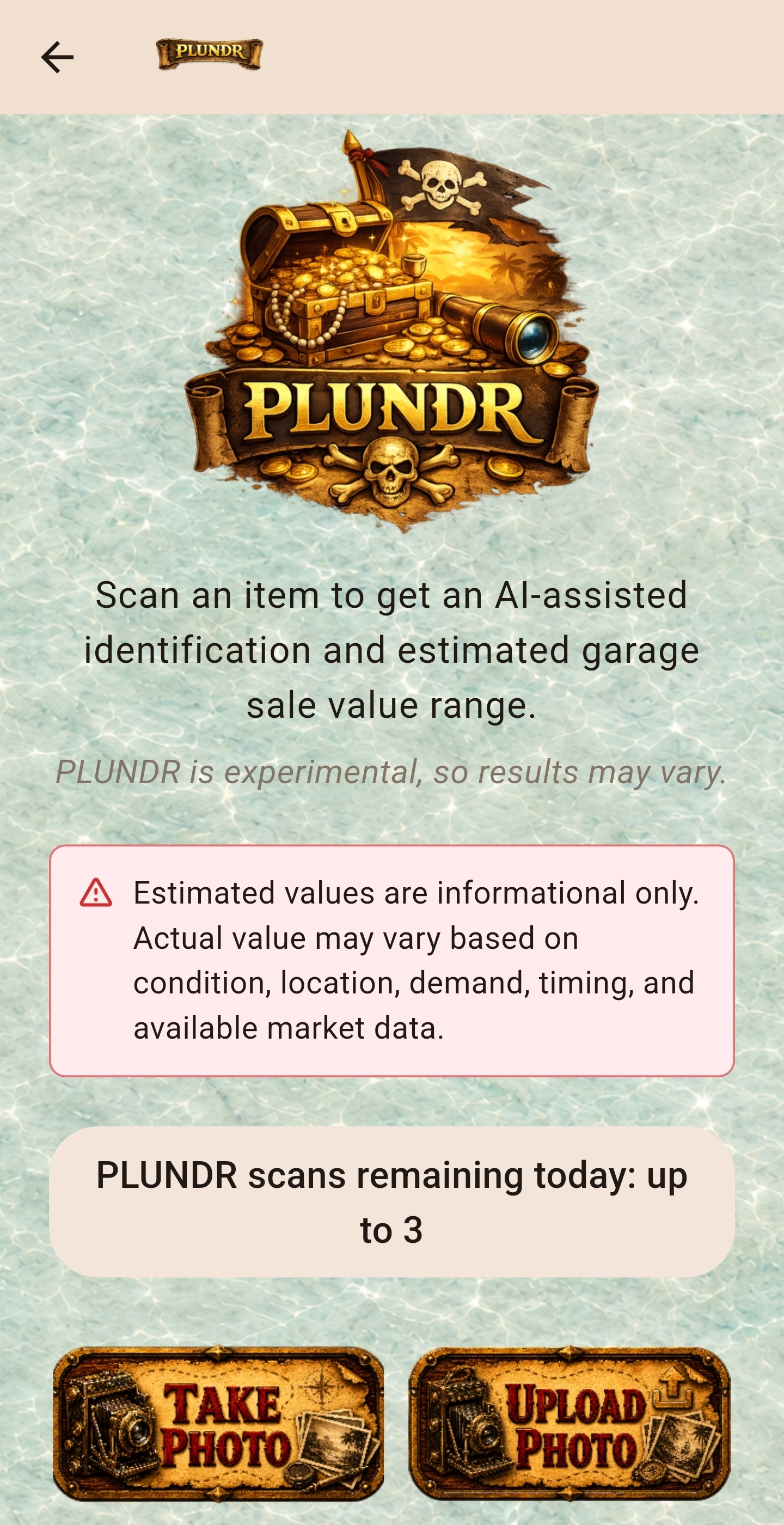 YardHo! PLUNDR screen prompting the user to photograph an item for an AI-assisted value estimate.