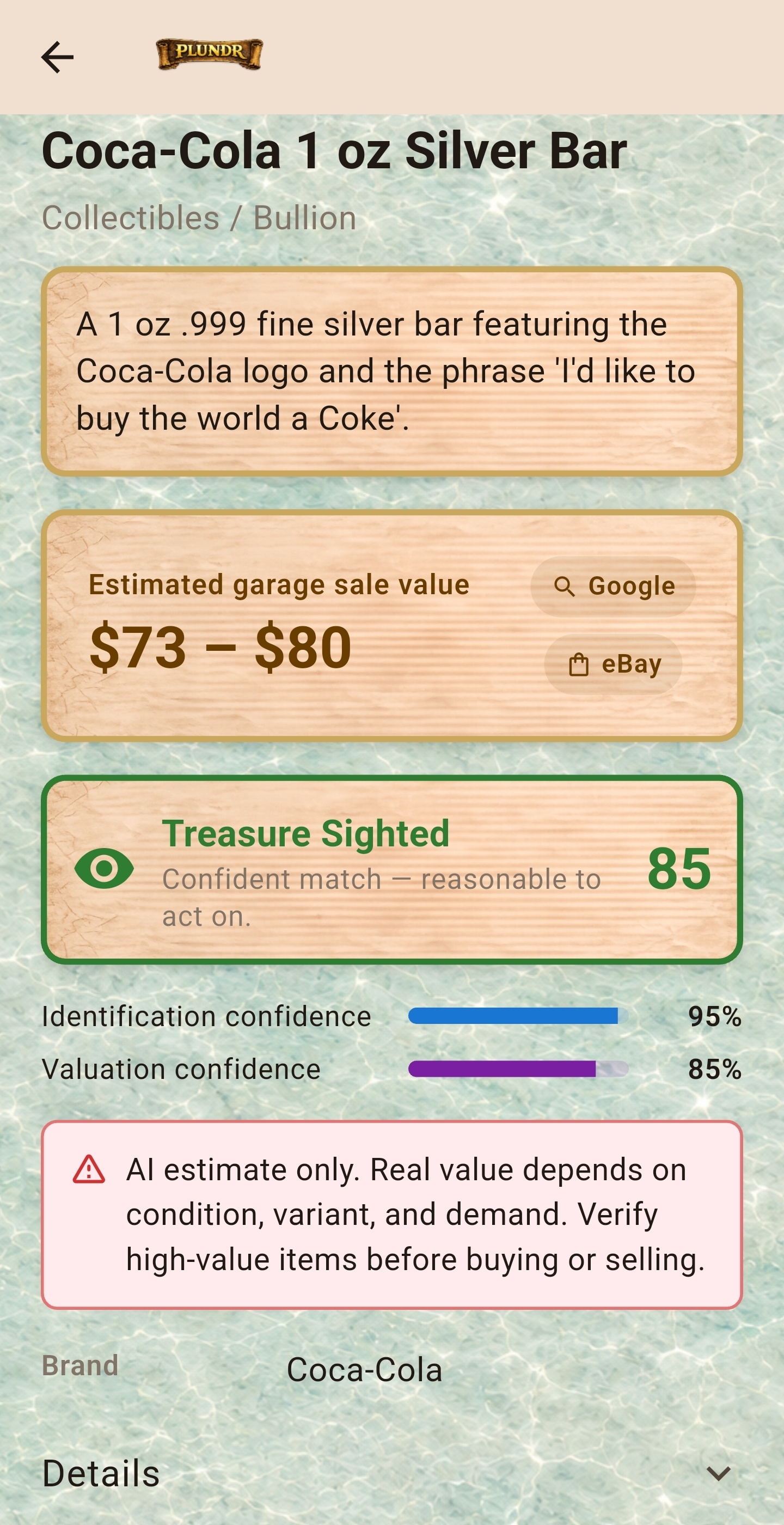YardHo! PLUNDR result screen showing an estimated garage-sale value range and reasoning.