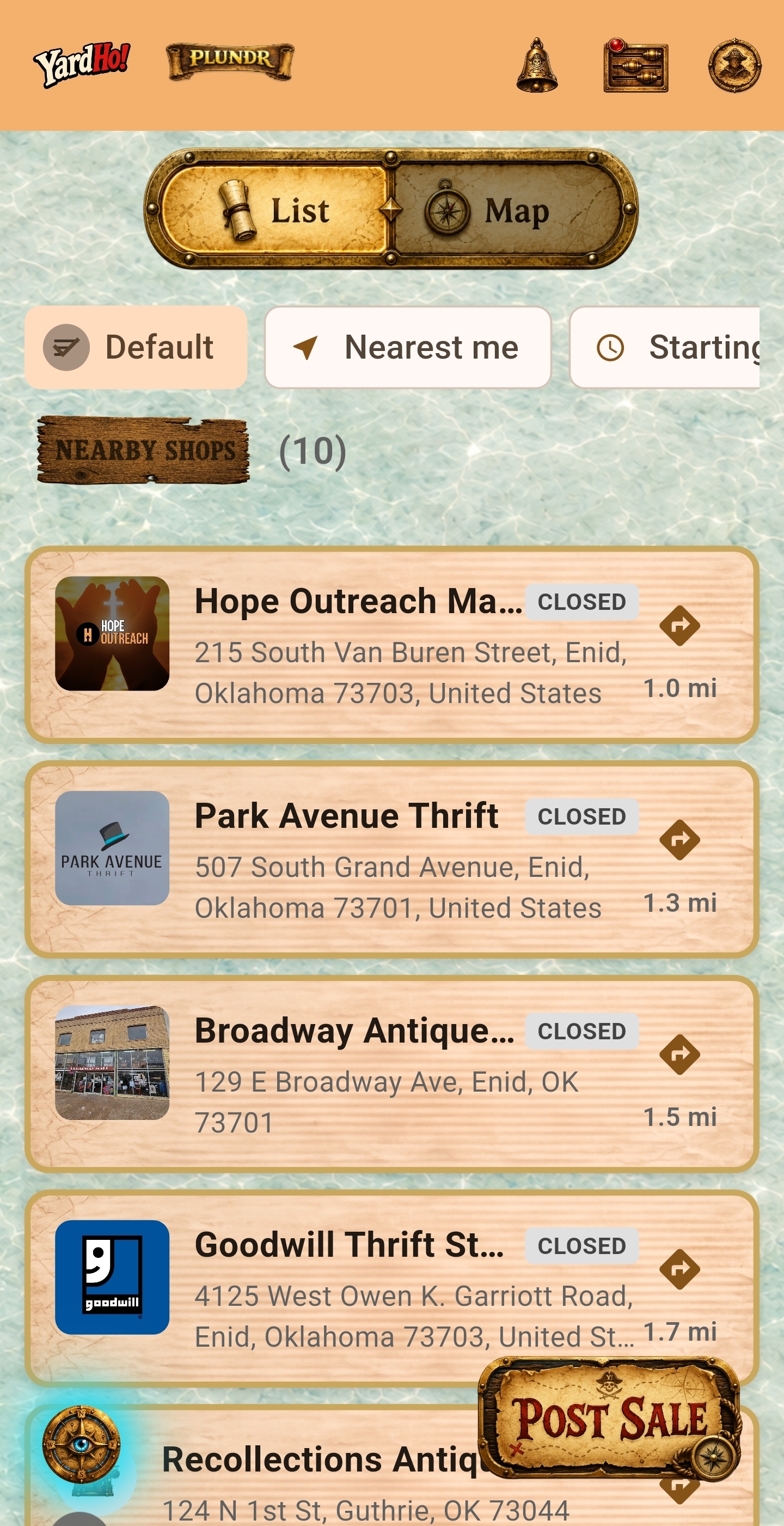 YardHo! home feed showing nearby garage sales with photos, distances, and tags.
