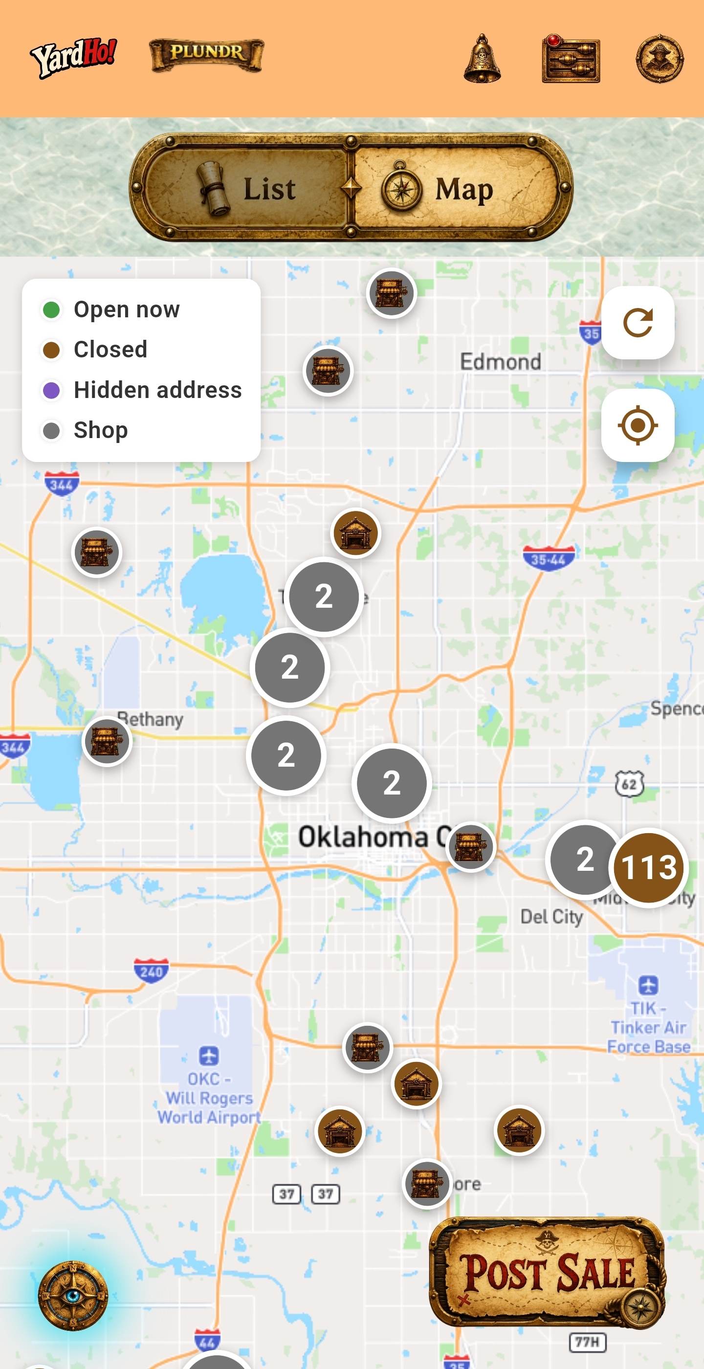 YardHo! map view with colored pins and cluster badges around Enid, Oklahoma.