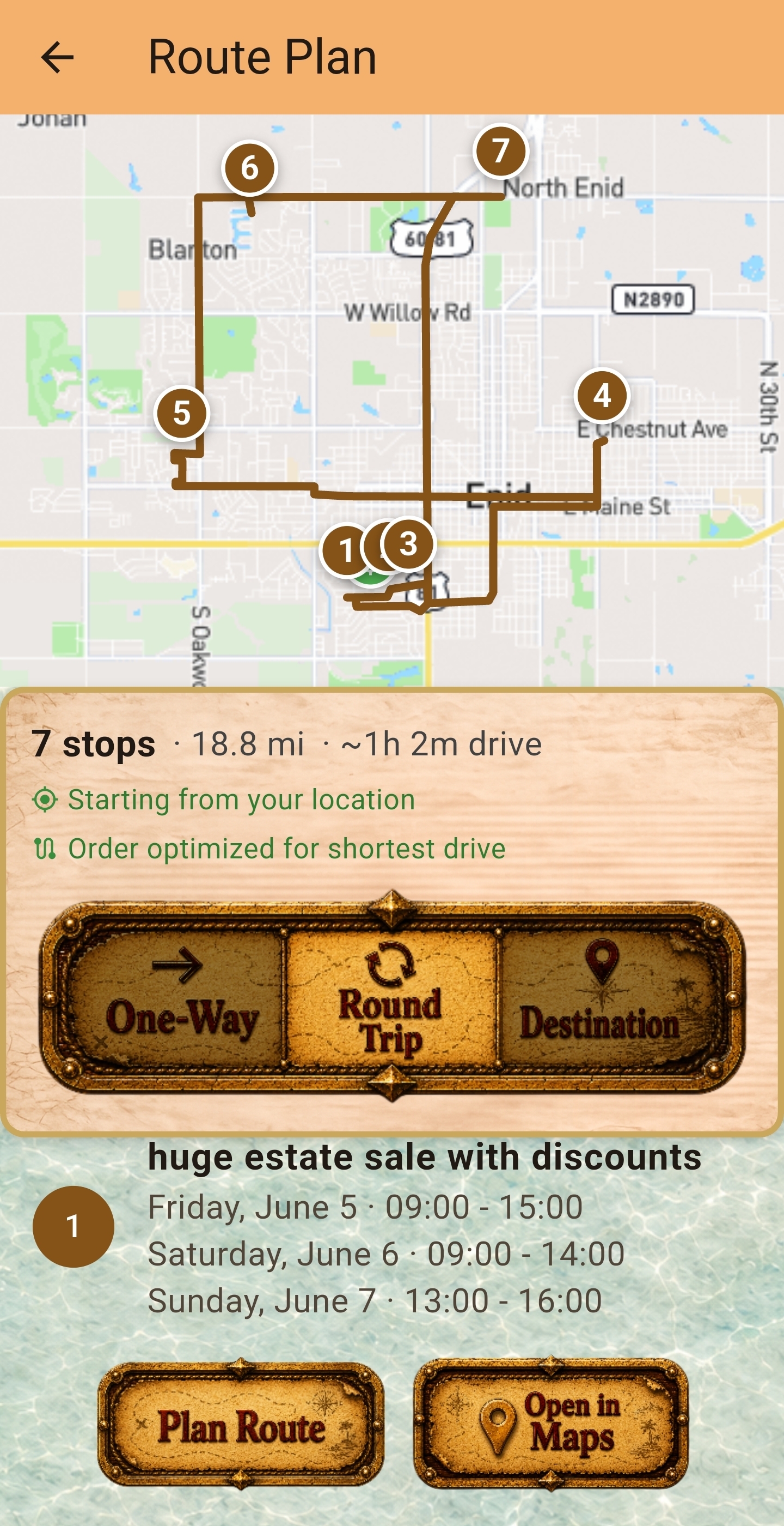 YardHo! route planner showing optimized stops with total mileage and drive time.