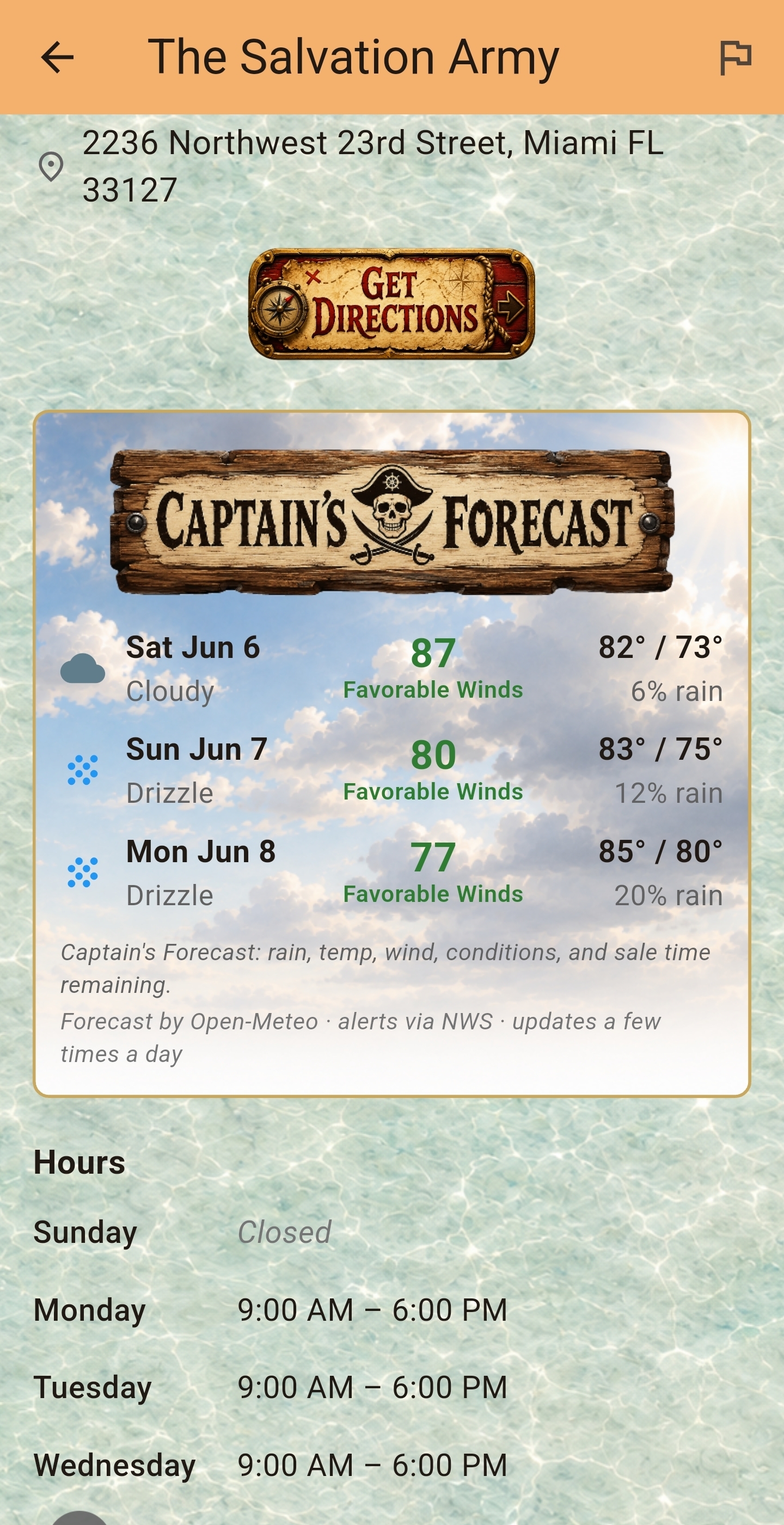 YardHo! sale details screen showing the flyer, schedule, weather forecast, and Get directions button.